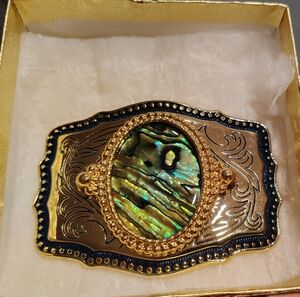 Gold-Tone Abalone Statement Belt Buckle - Green Iridescent
